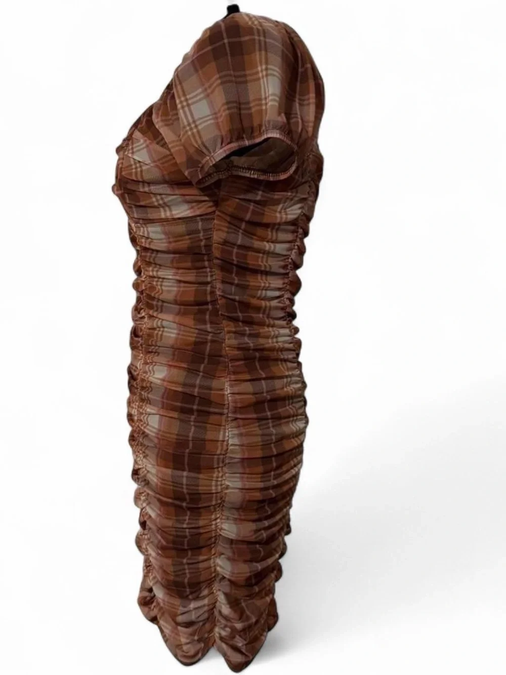 Plaid Ruched Cutout Mini Dress in Brown Tones - Picture 2 of 4